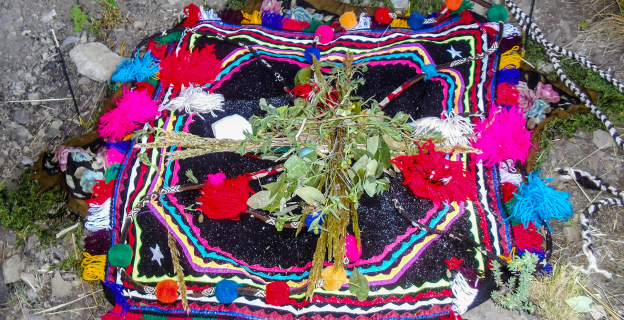 Ofrenda para el cabildo compuesto de tallos vegetales y hojas de coca. Ofrenda para el cabildo compuesto de tallos vegetales y hojas de coca.